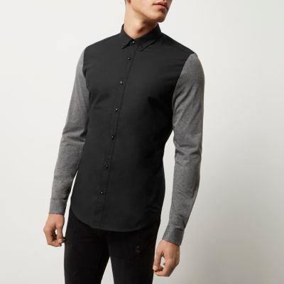 Black jersey sleeve casual Oxford shirt